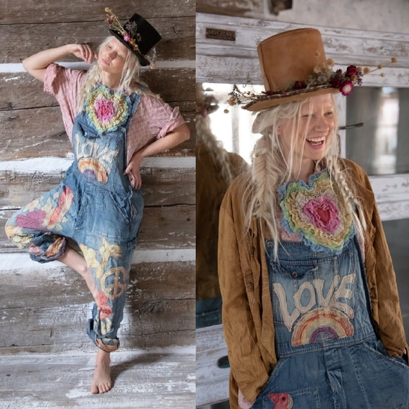 New Magnolia Pearl Love Applique Overalls Woodstock 032 Overall Denim Jeans jean - Picture 6 of 17